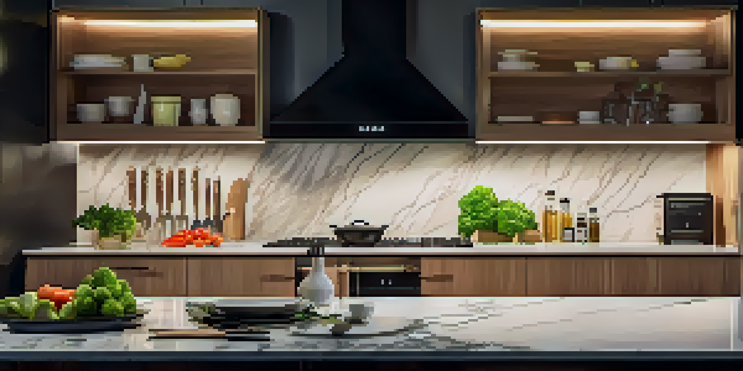 A kitchen with LED strip lights under the cabinets, creating a warm atmosphere with vegetables on the countertop.