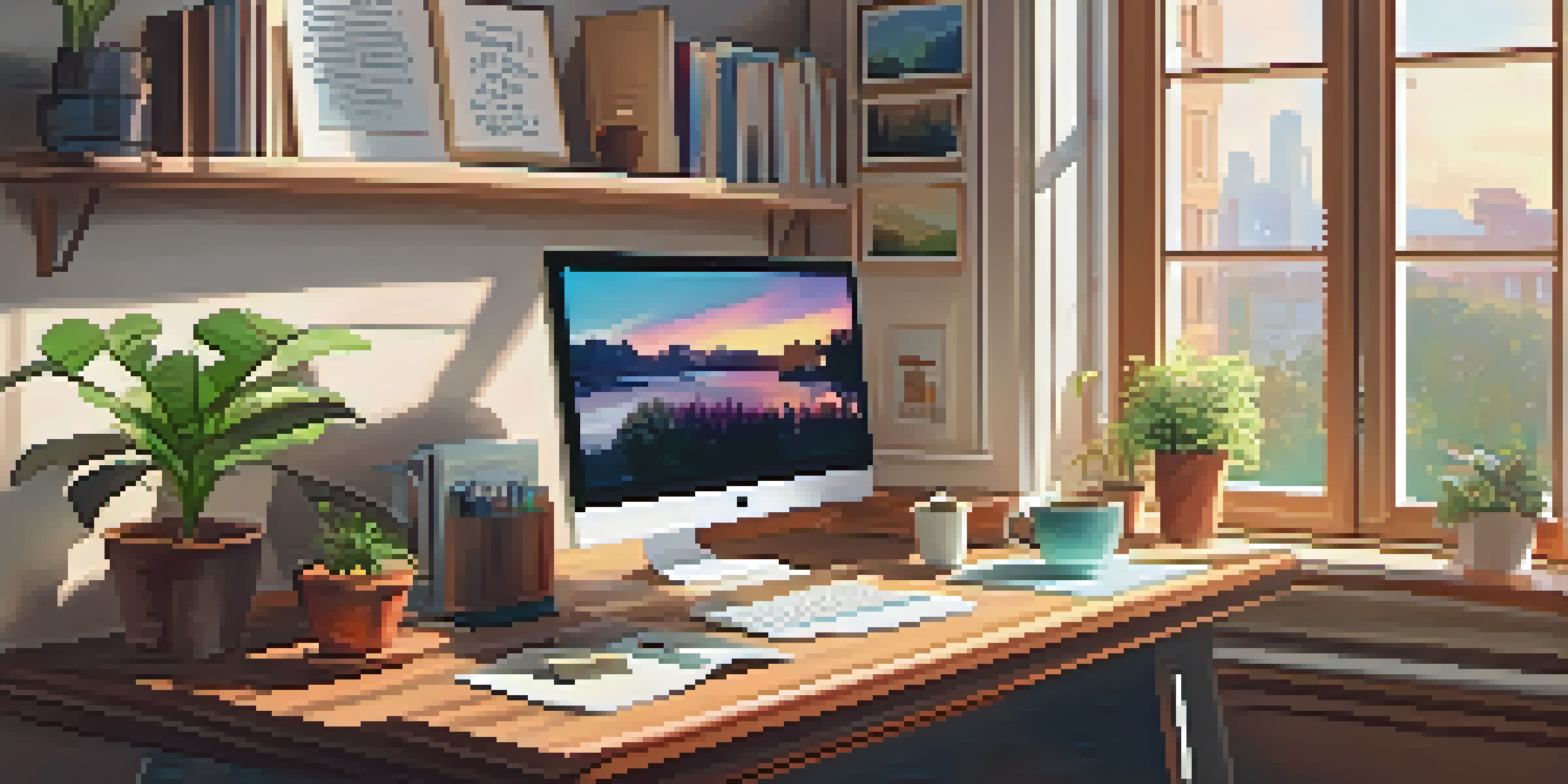A warm and inviting home office setup featuring a wooden desk, laptop, coffee cup, and bright sunlight streaming through large windows.