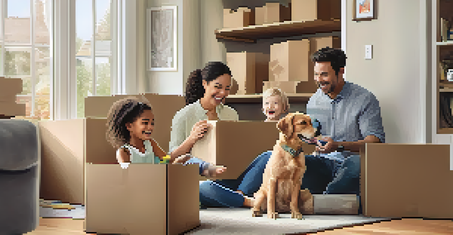 A family unpacking boxes in their new home, creating a joyful atmosphere.