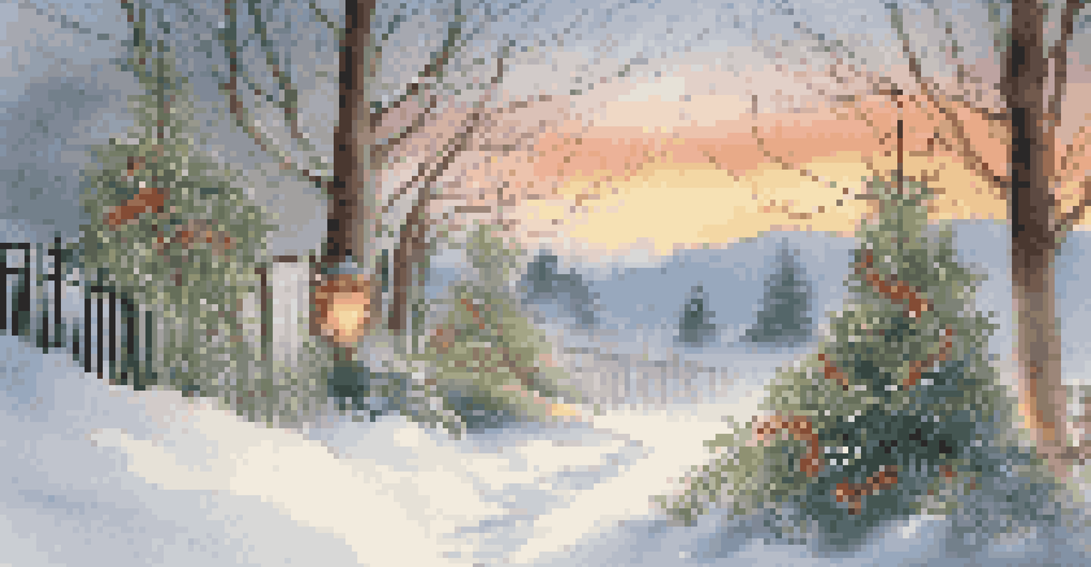 A serene winter garden with evergreen plants and colorful berries, featuring a trellis with climbing vines and warm lights.