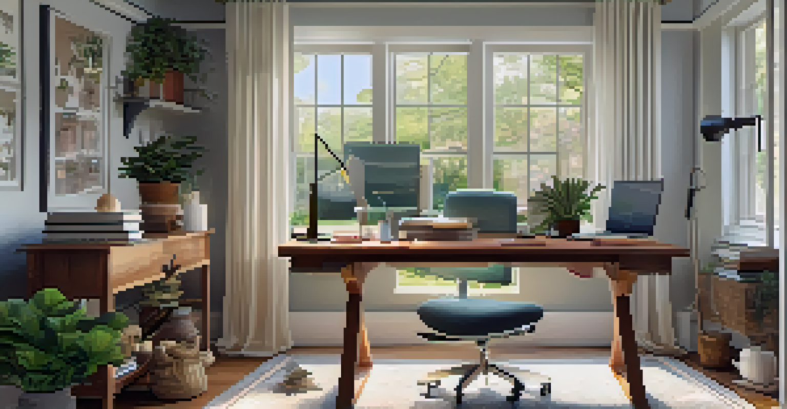 A cozy home office filled with natural light, featuring a desk with a laptop, plants, and a view of a peaceful backyard.