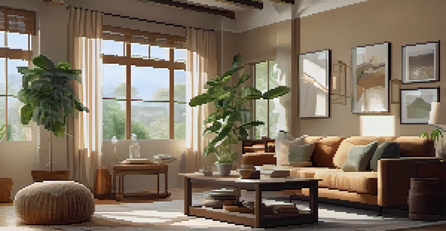 A cozy, well-organized living room with comfortable furniture and sunlight filtering through the curtains.
