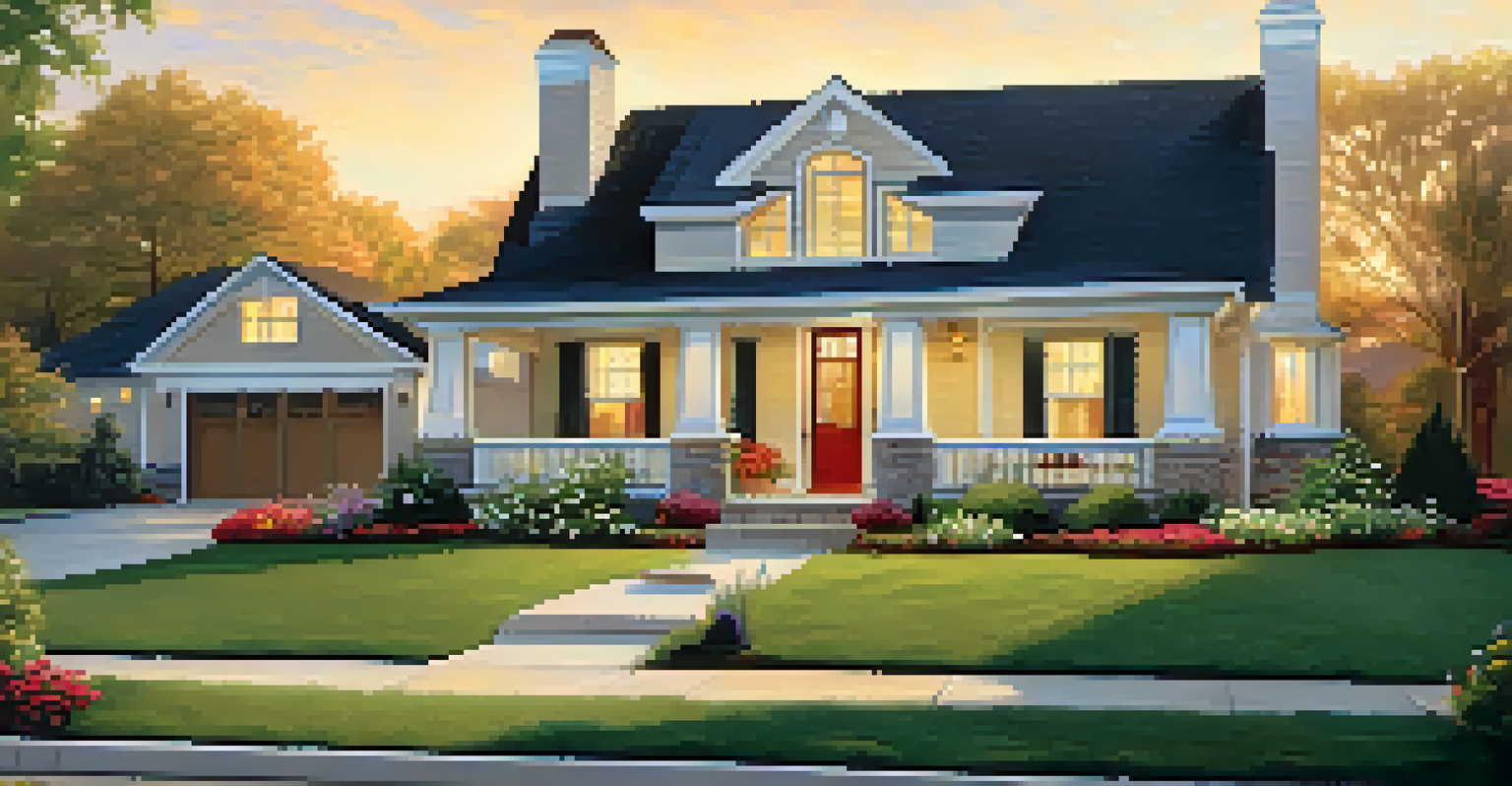 A charming home exterior with manicured lawn, flower beds, and a bright front door, illuminated by the warm glow of sunset.