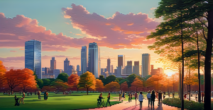 A modern city skyline at sunset with warm colors and a lush park in the foreground.