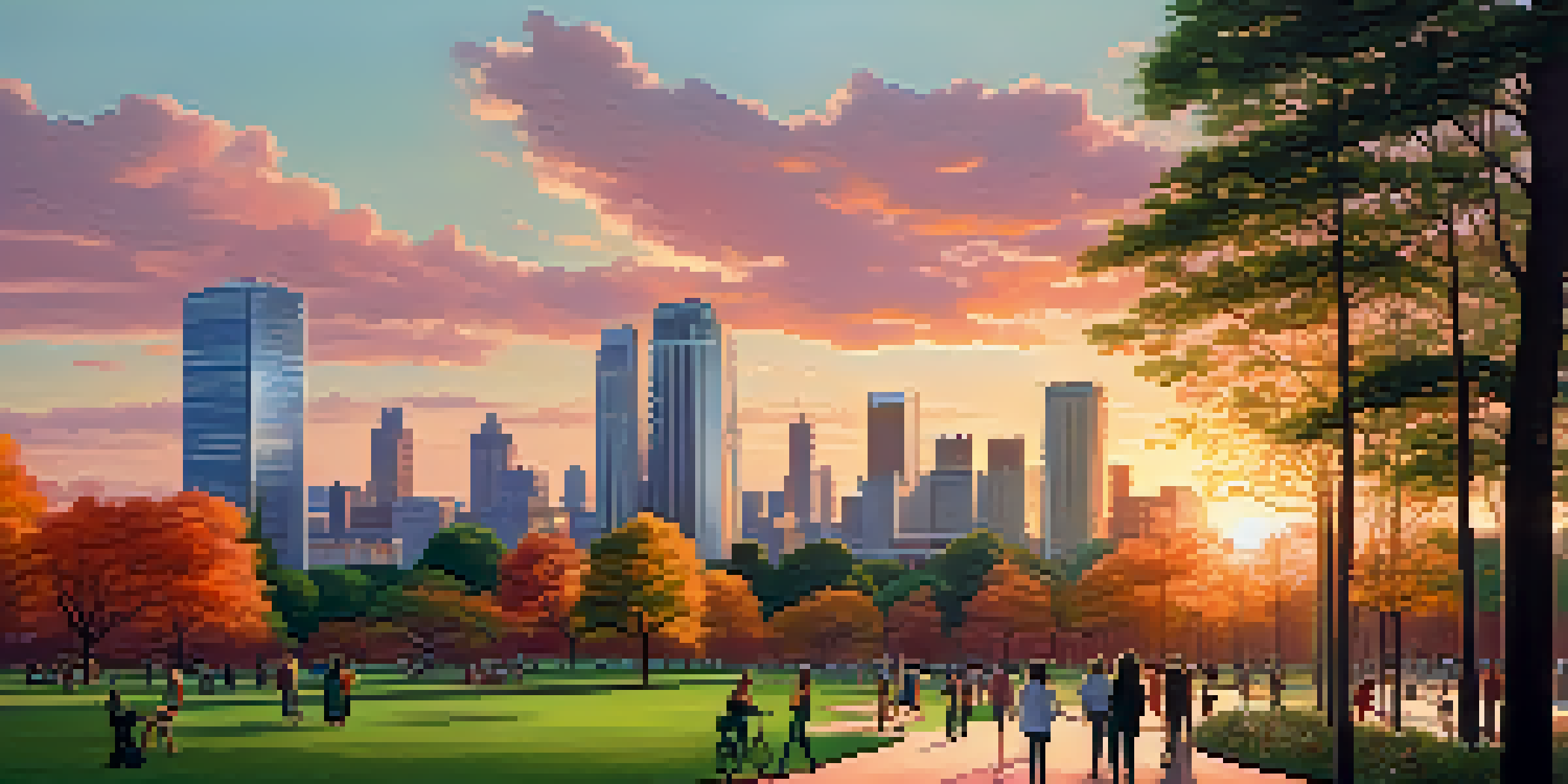 A modern city skyline at sunset with warm colors and a lush park in the foreground.