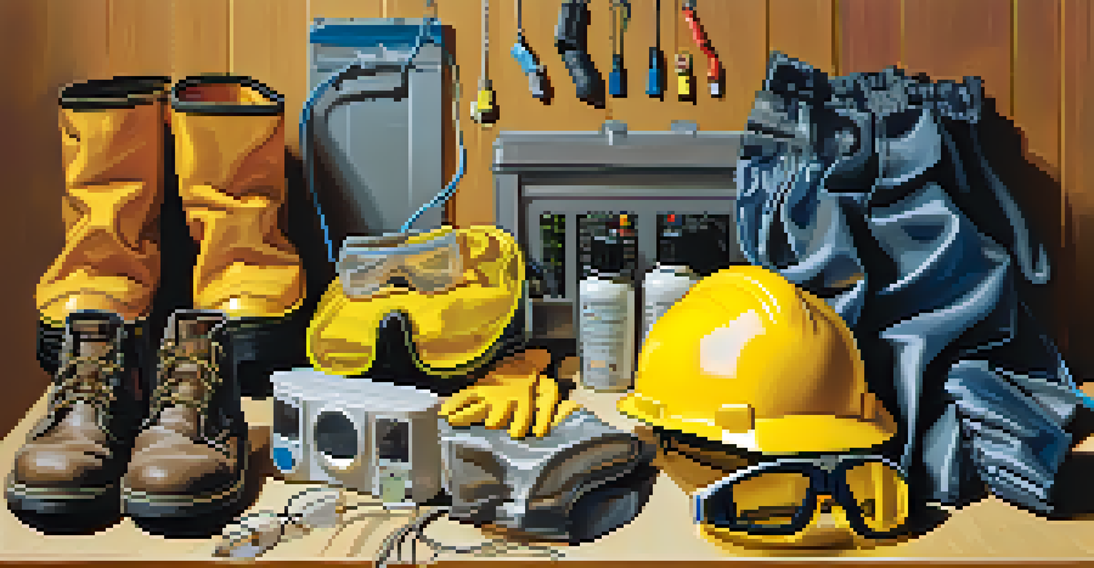 A collection of personal protective equipment for electrical work, featuring safety goggles, insulated gloves, and insulated footwear, displayed on a table.