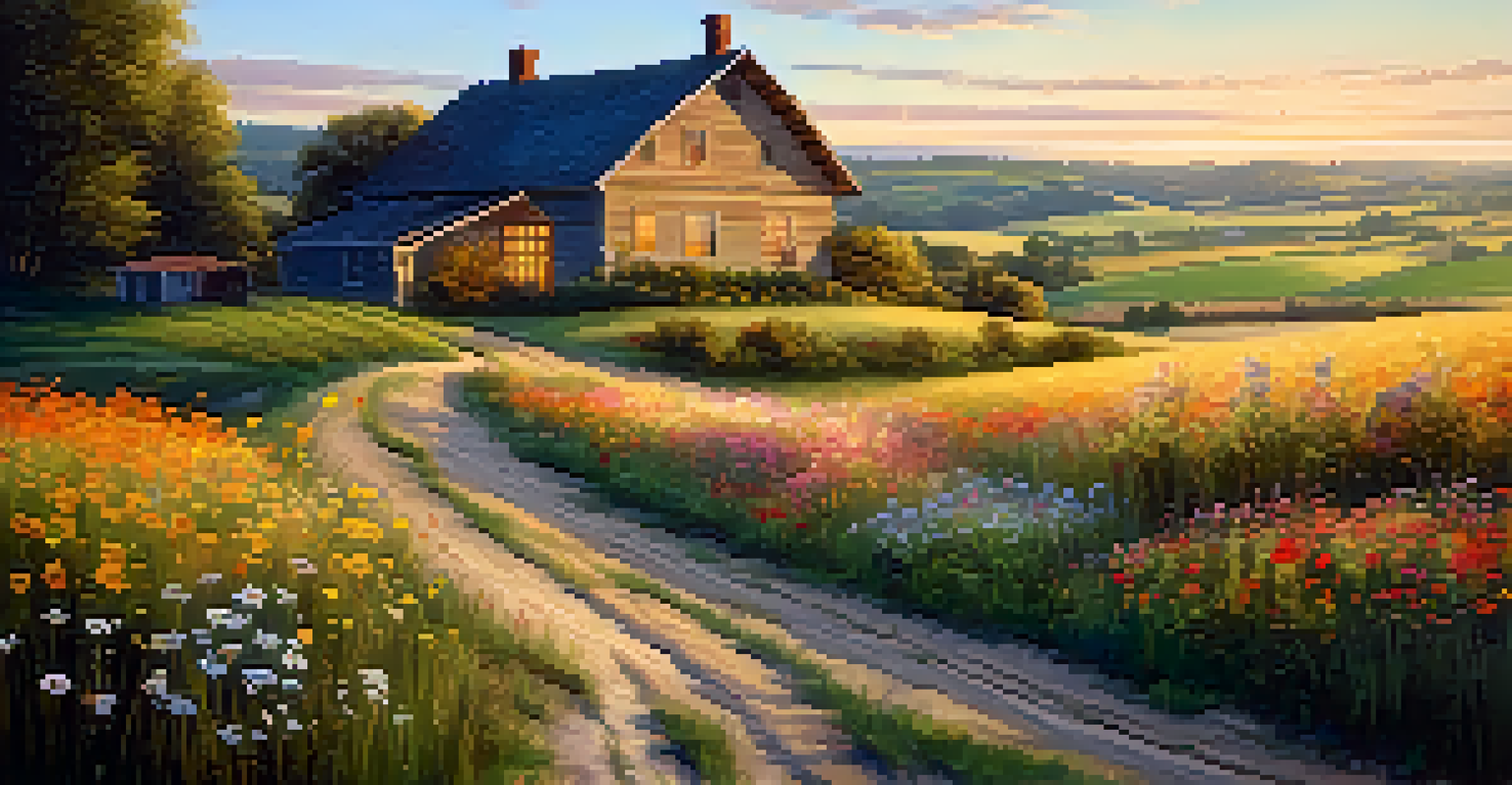 A tranquil rural landscape with a farmhouse, rolling hills, and fields of wildflowers under a blue sky at sunset.
