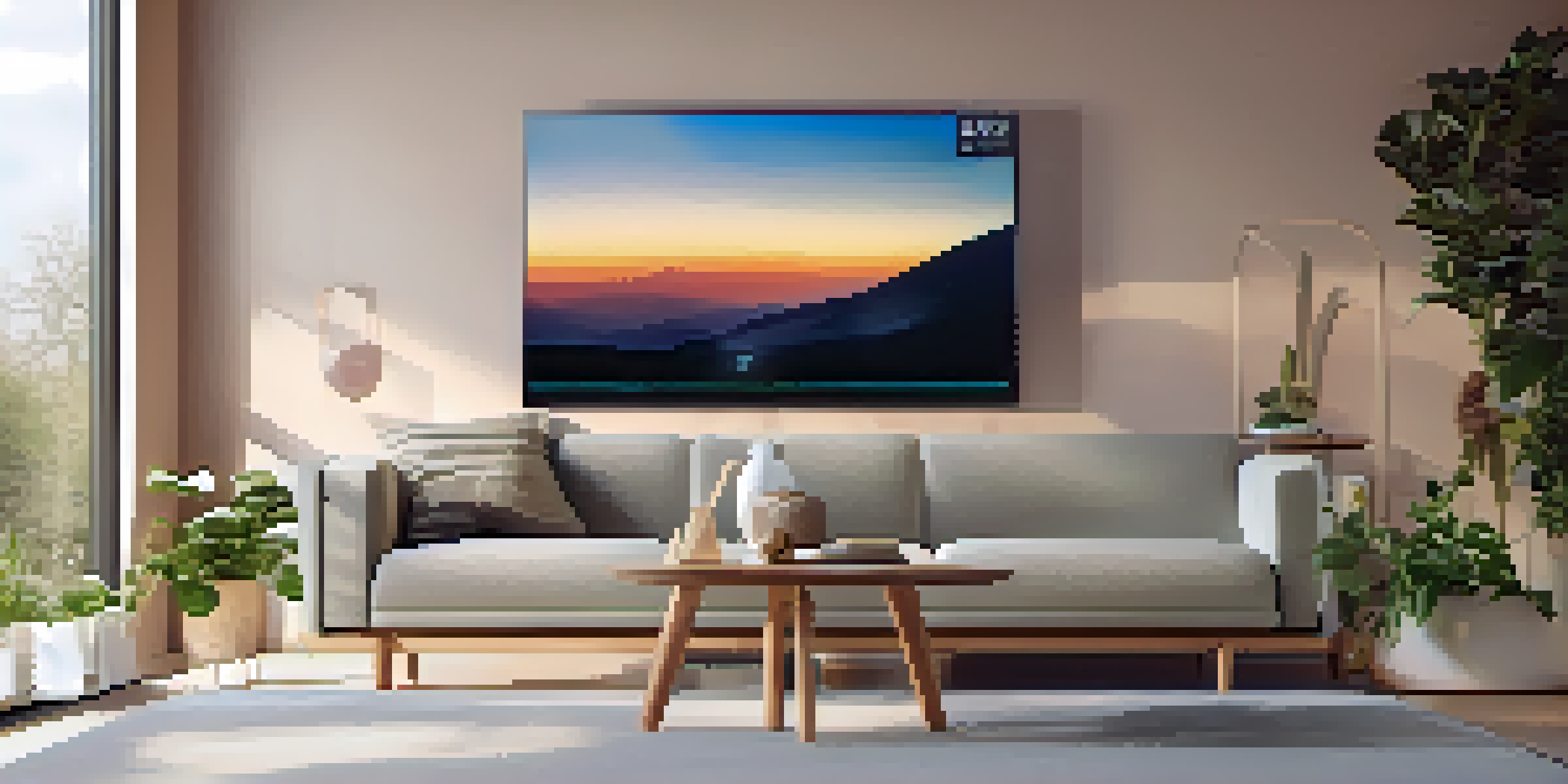 A modern living room with smart home devices and natural light, featuring a tablet displaying a home automation app.