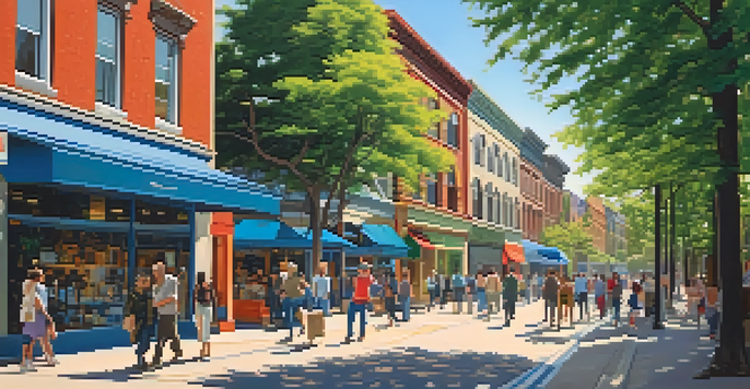 A lively urban street with diverse people, modern and historic buildings, green trees, and colorful shops under a clear blue sky.