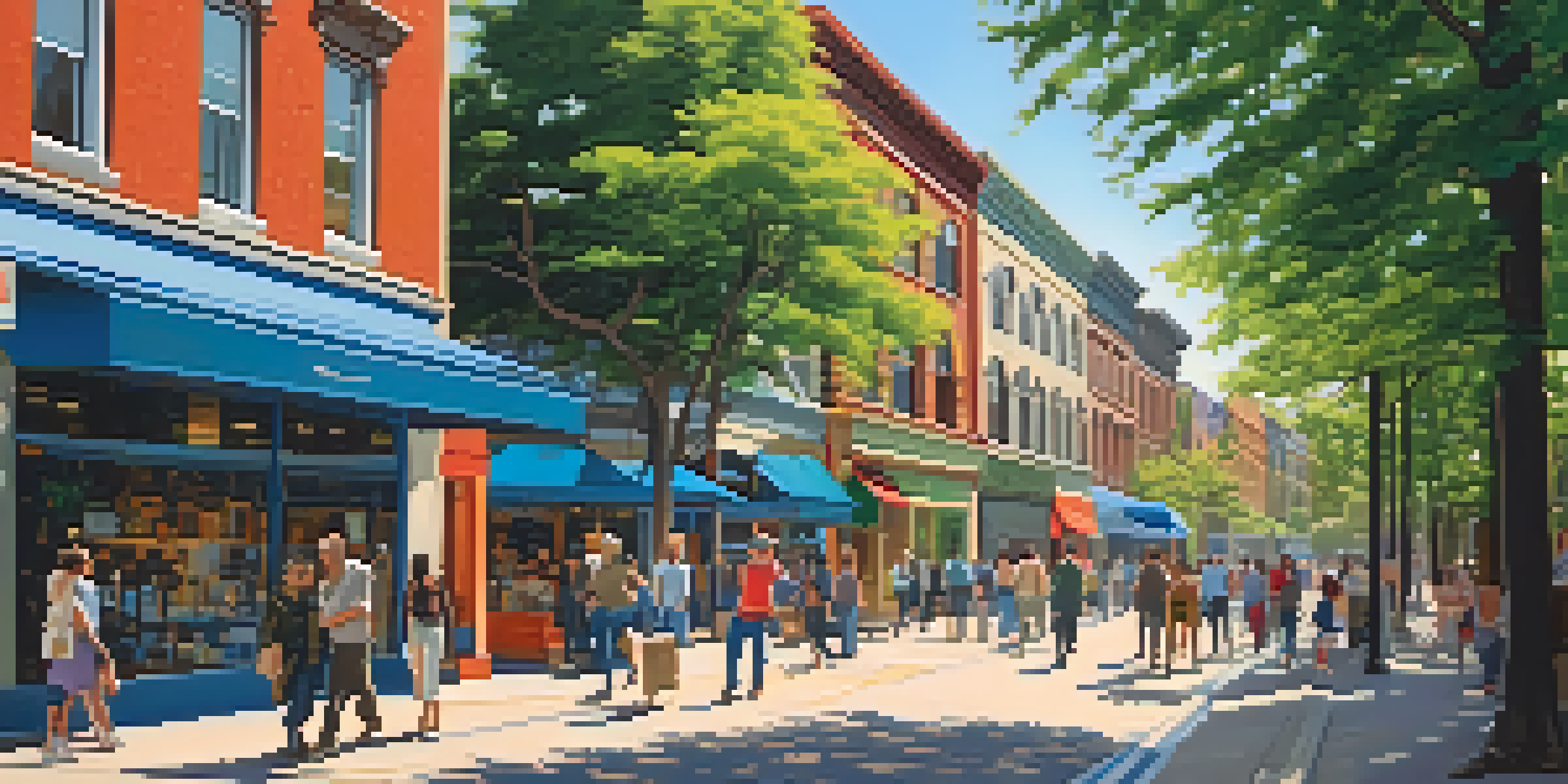 A lively urban street with diverse people, modern and historic buildings, green trees, and colorful shops under a clear blue sky.