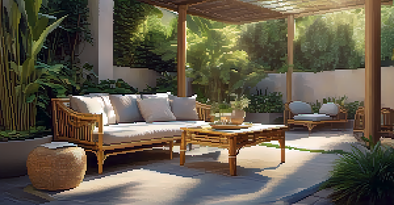 A serene outdoor patio with bamboo furniture, cushions, and a beautiful garden, illuminated by soft evening light.