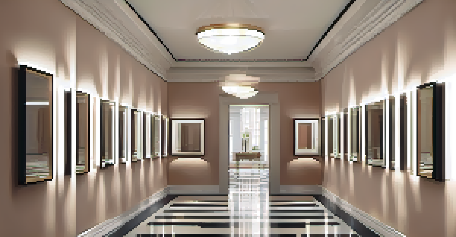 A stylish hallway with a gallery wall of small decorative mirrors, creating an illusion of depth and openness.