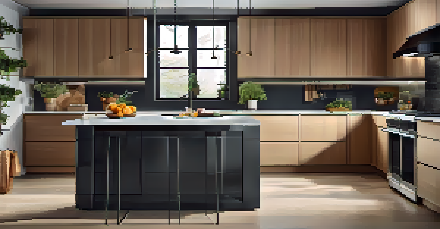 A stylish kitchen featuring smart appliances, bright interiors, and a digital assistant device on the countertop.