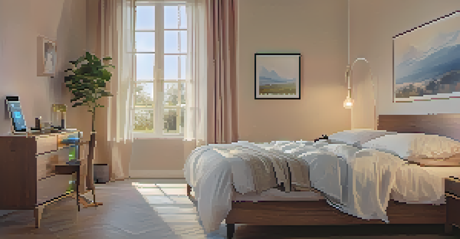 An elderly man resting in a serene bedroom with a smartwatch and a smart thermostat, radiating comfort.