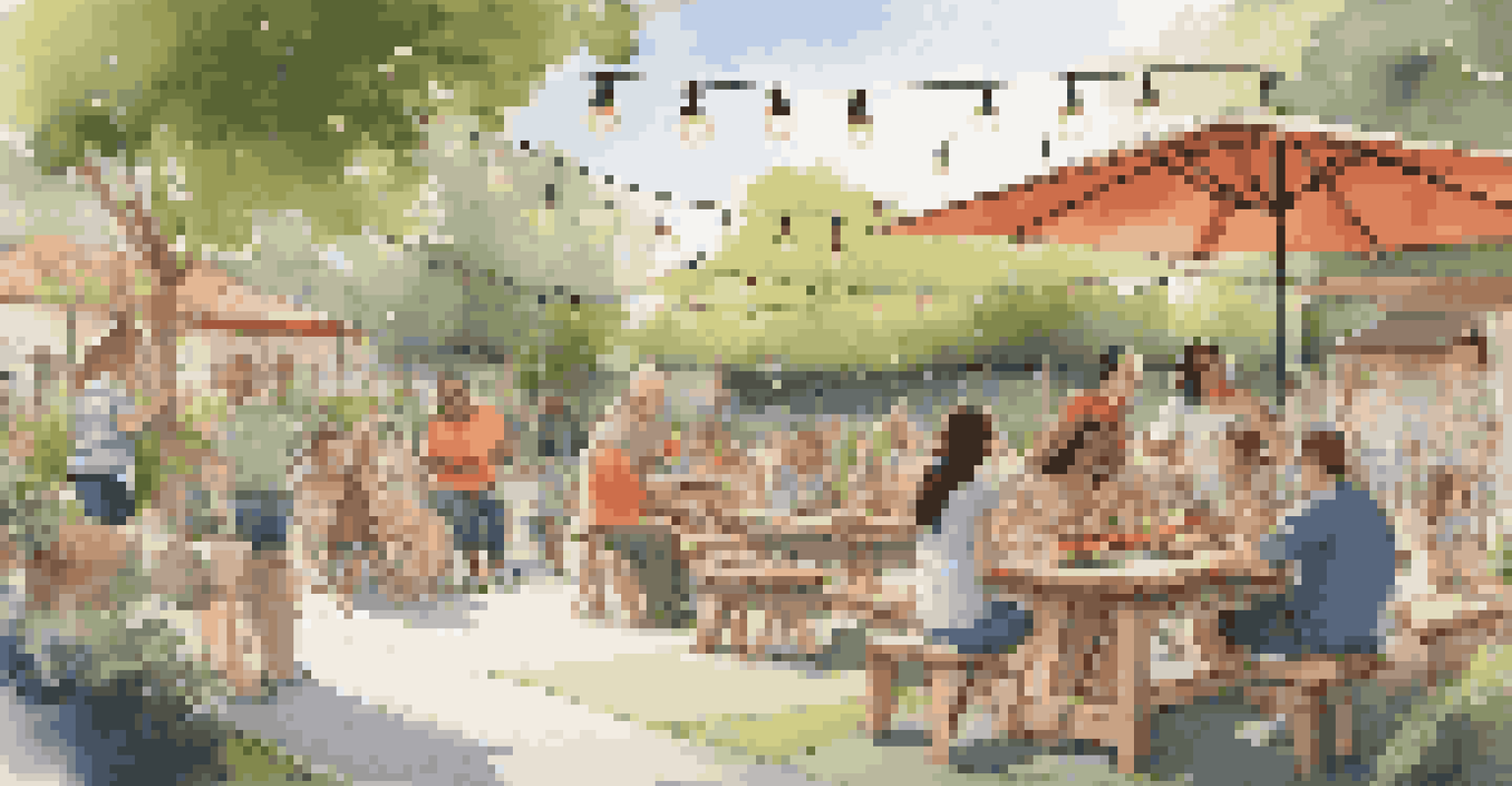 A vibrant outdoor community BBQ gathering with people enjoying food and children playing.