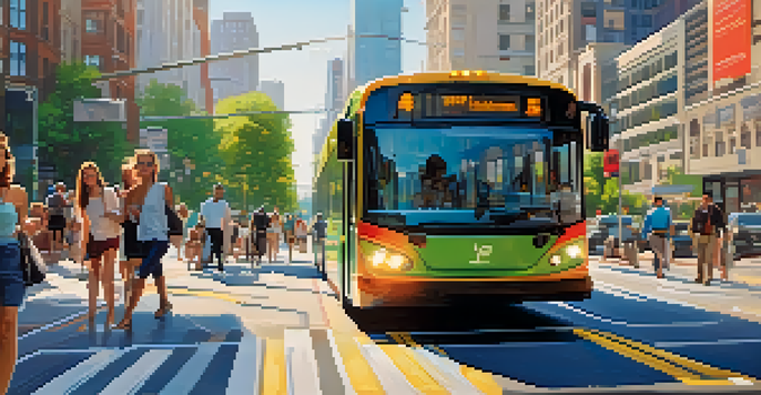 A vibrant city street with modern buses displaying real-time information, synchronized traffic lights, and greenery, illuminated by afternoon sunlight.