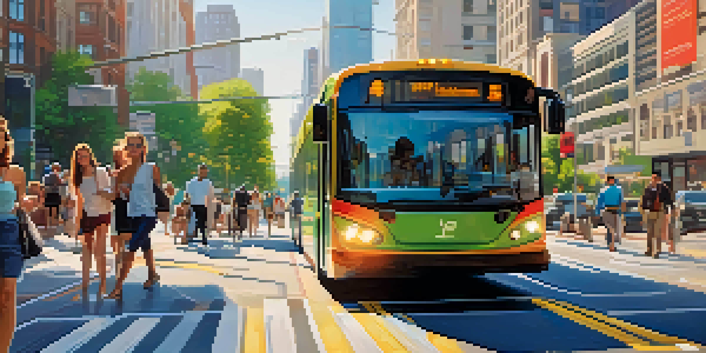 A vibrant city street with modern buses displaying real-time information, synchronized traffic lights, and greenery, illuminated by afternoon sunlight.