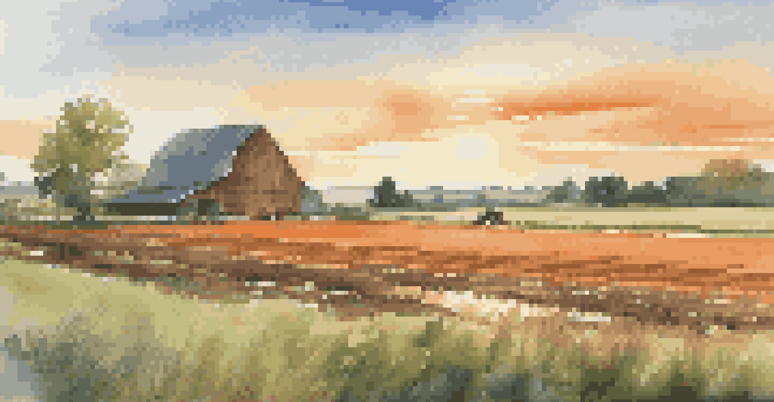 A peaceful agricultural scene with a farmer's field, a rustic barn, and a reflecting pond at sunset.