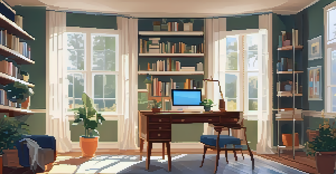 A bright and inviting home office with a wooden desk, ergonomic chair, and plants, illuminated by natural light from a large window.