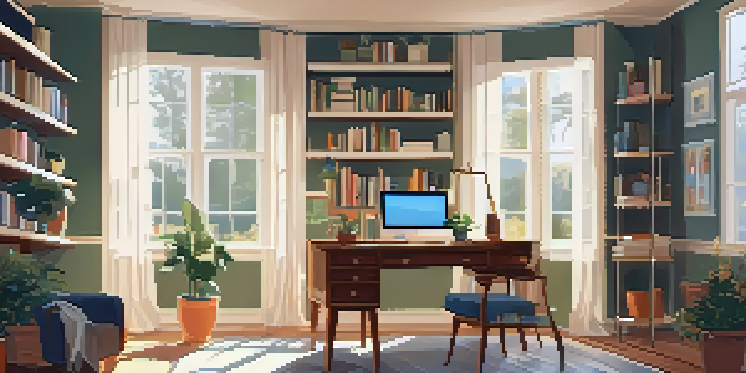 A bright and inviting home office with a wooden desk, ergonomic chair, and plants, illuminated by natural light from a large window.