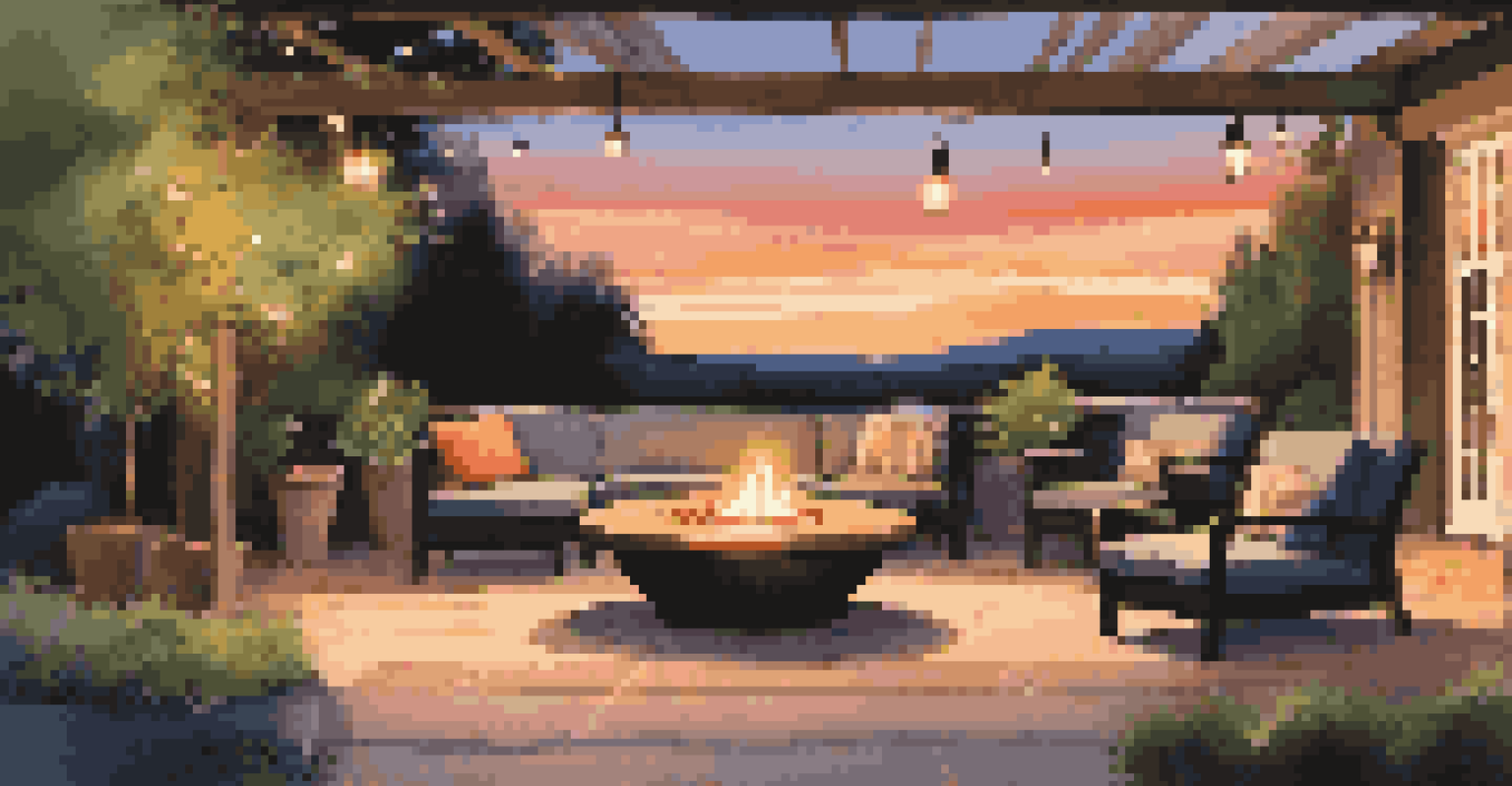 A cozy patio with comfortable seating and a fire pit, illuminated by decorative lights during twilight, surrounded by plants and a sunset.