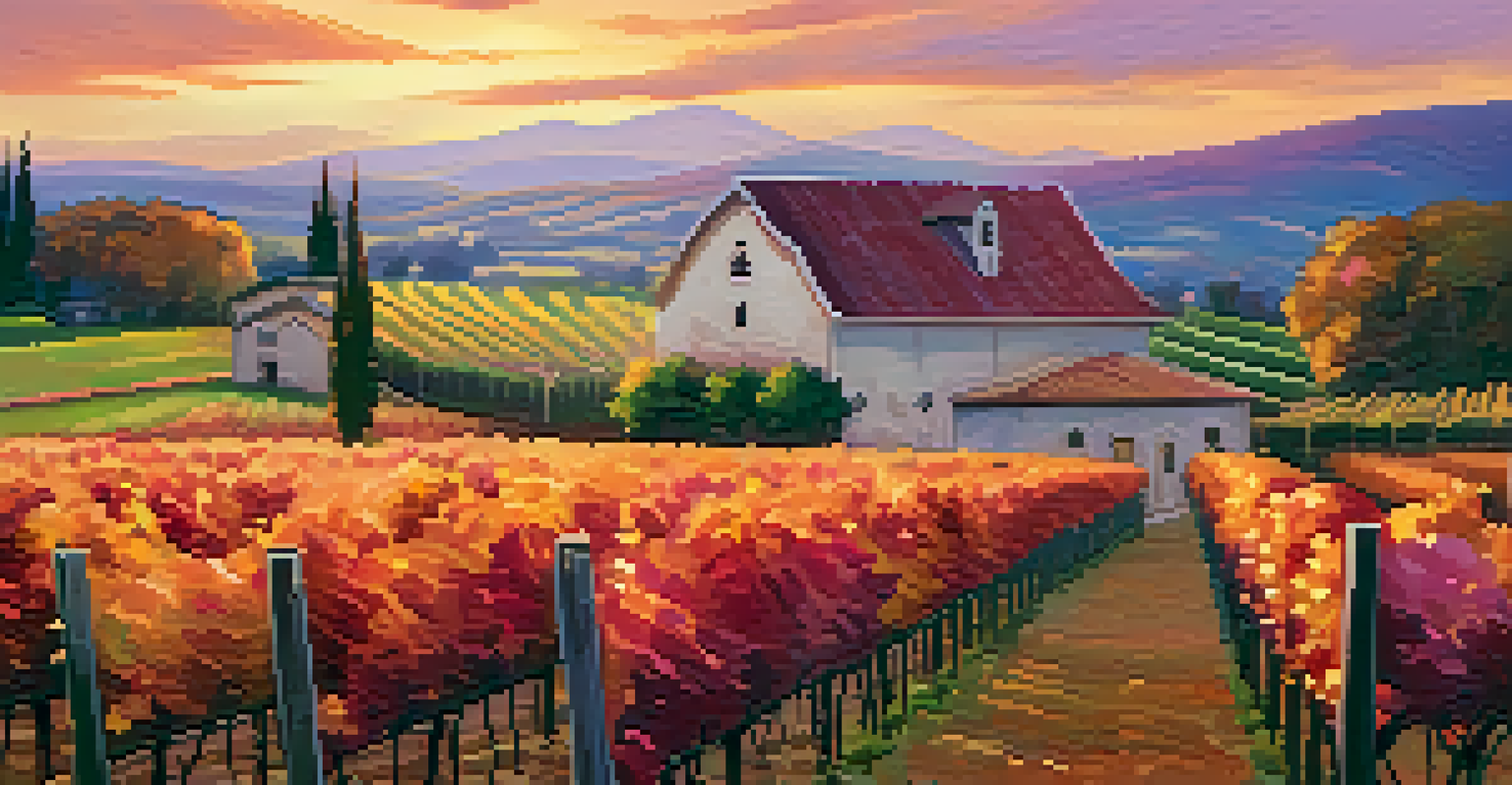 A vineyard at sunset with rows of grapevines and a rustic winery building, showcasing vibrant autumn colors.