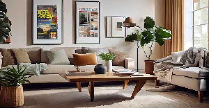 A modern living room with a plush sofa, soft lighting, and home improvement magazines on the coffee table.
