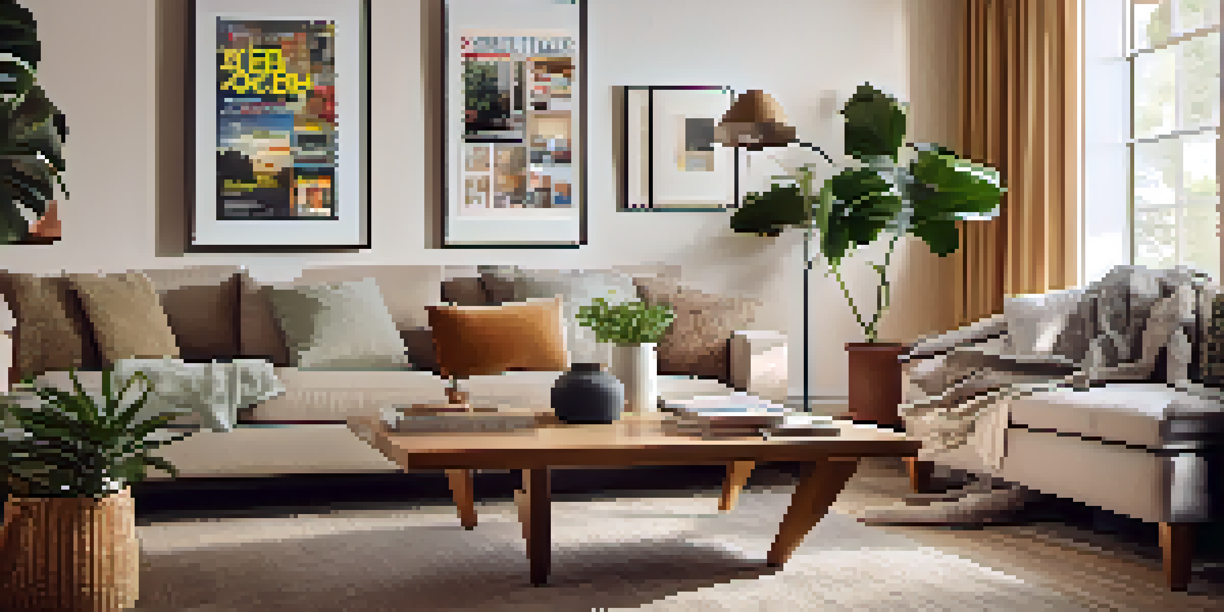 A modern living room with a plush sofa, soft lighting, and home improvement magazines on the coffee table.