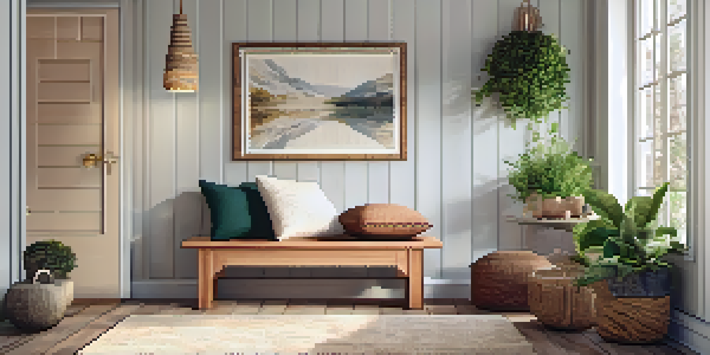 A warm and inviting entryway with a wooden bench, textured cushions, a wool rug, and warm lighting from a pendant lamp.