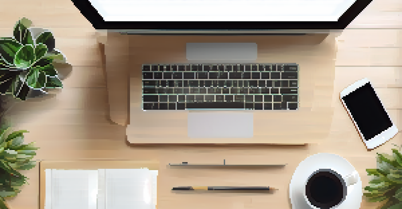 A tidy desk with a laptop, documents, and a cup of coffee in a modern home office setting.