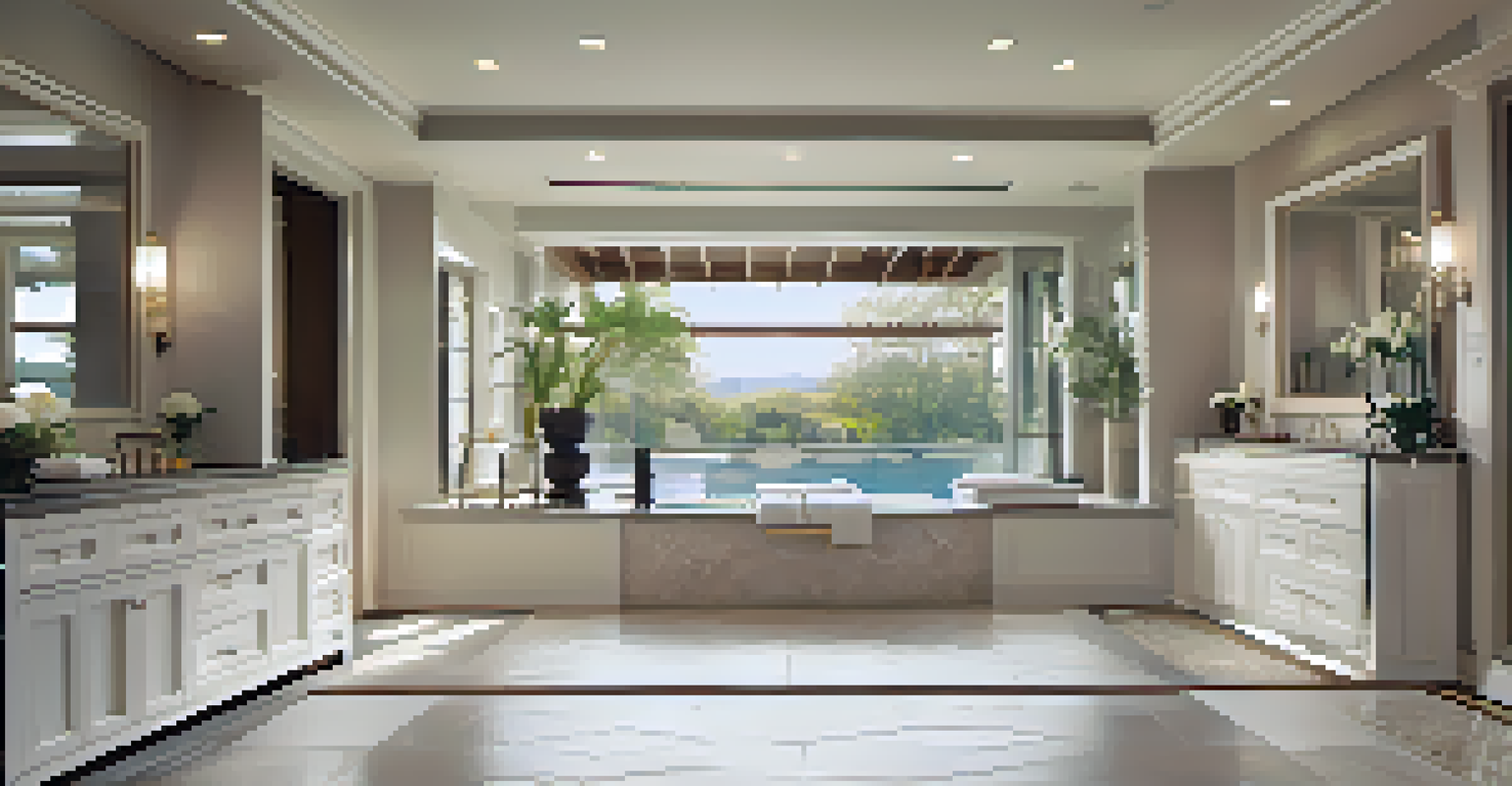 A spa-like bathroom with a soaking tub, rain shower, and double vanities, illuminated by natural light from skylights.