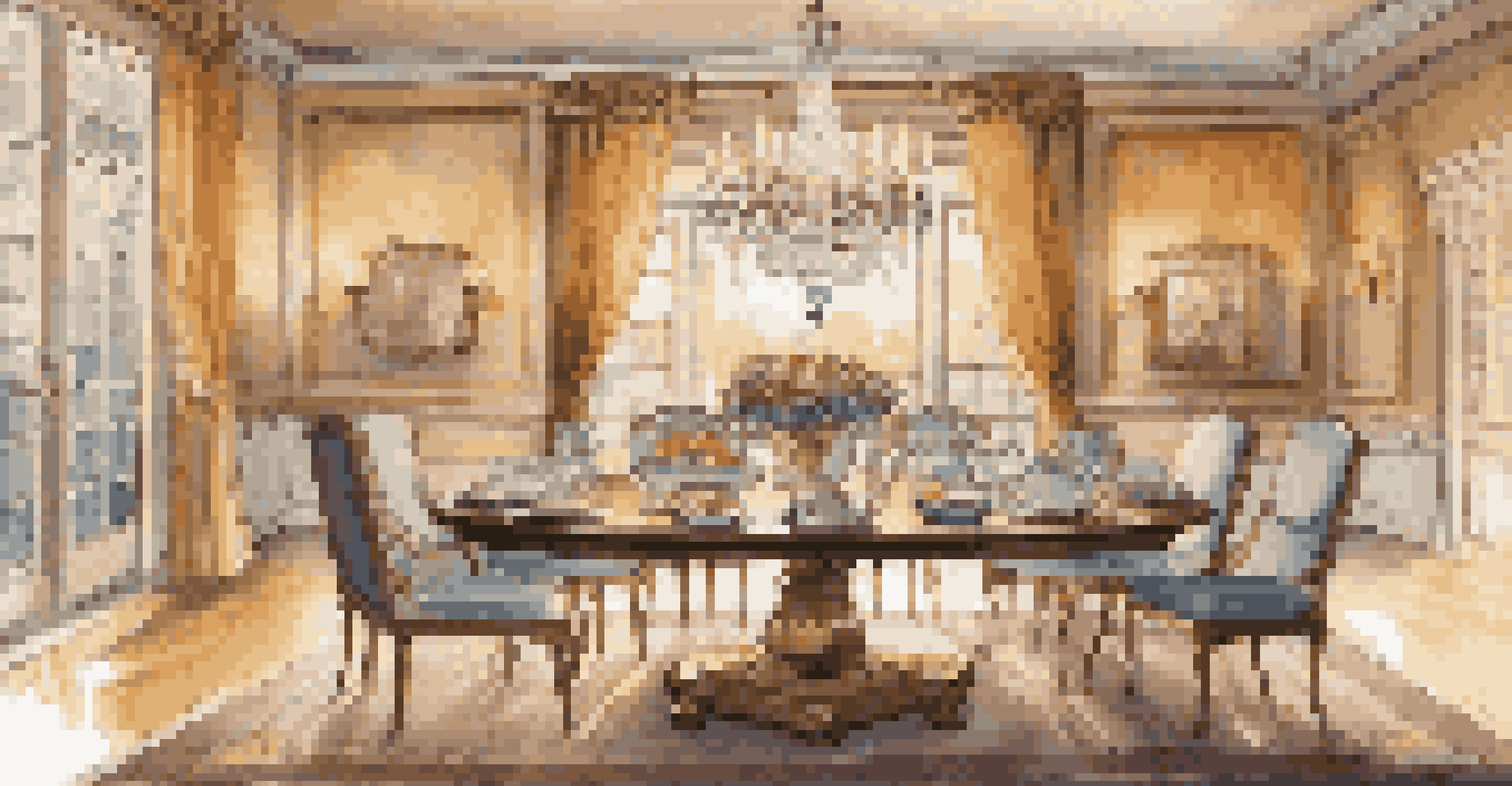 An elegant dining room with a beautiful chandelier, fine dining setup, and accent lighting highlighting the decor.