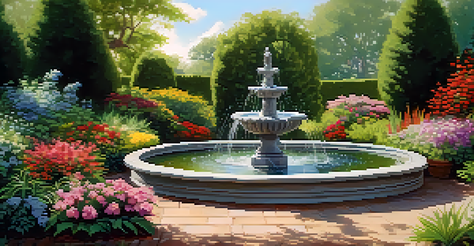 A peaceful garden with a fountain and birds bathing, surrounded by lush plants and sunlight creating a tranquil atmosphere.