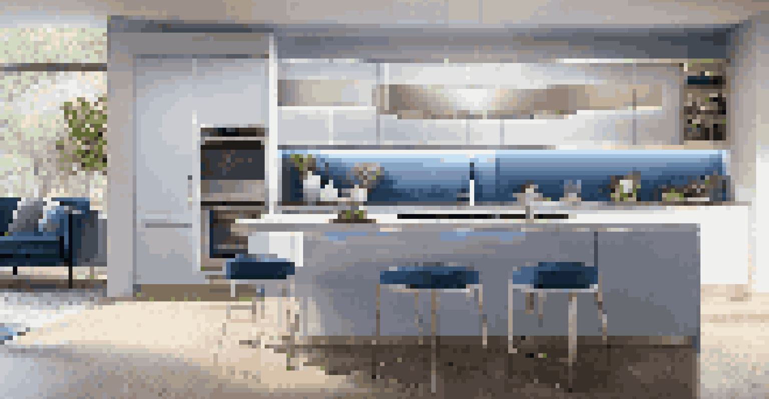 A modern kitchen illuminated with bright LED lights, featuring stainless steel appliances and a stylish island.
