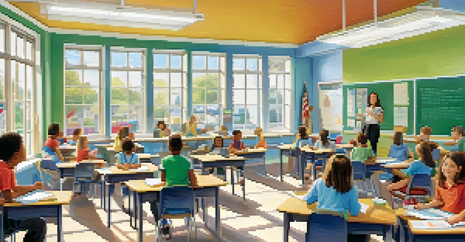 A bright classroom with students collaborating and a teacher guiding them, filled with educational materials and natural light.