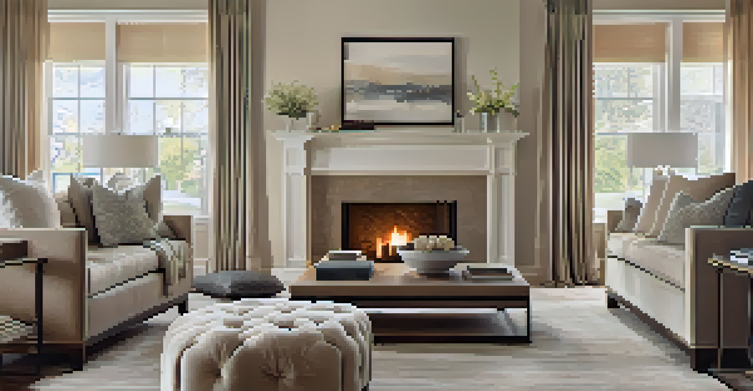 A cozy living room with neutral decor, a classic fireplace, and soft textures, illuminated by natural light through sheer curtains.
