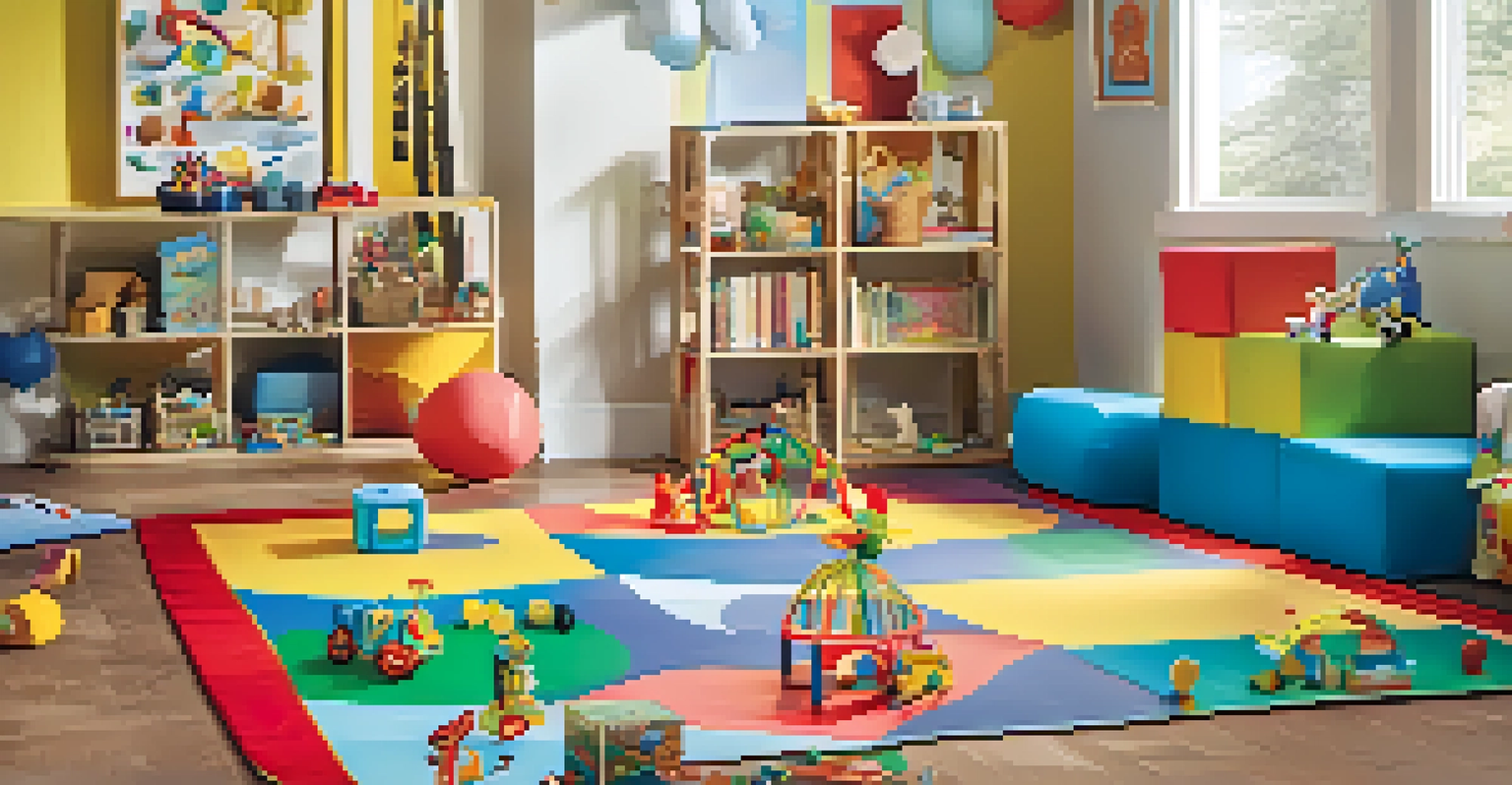 A kid-friendly play area with a soft mat, toys, and bright decorations for children.