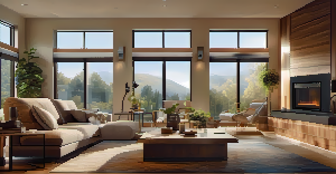 A modern living room with smart lighting and a tablet showing home automation controls.