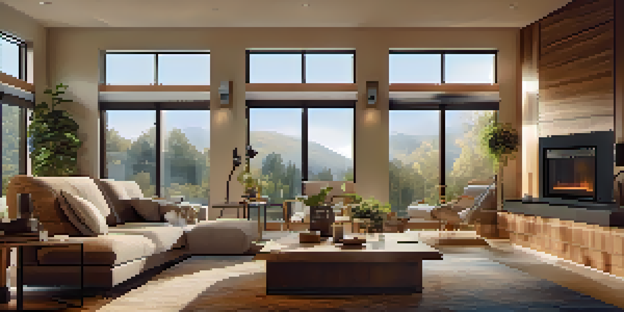 A modern living room with smart lighting and a tablet showing home automation controls.