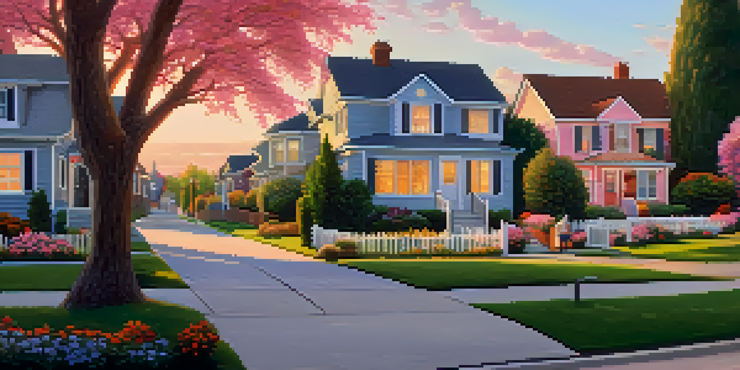A suburban neighborhood at sunset with a property tax consultant talking to a homeowner in front of a house.