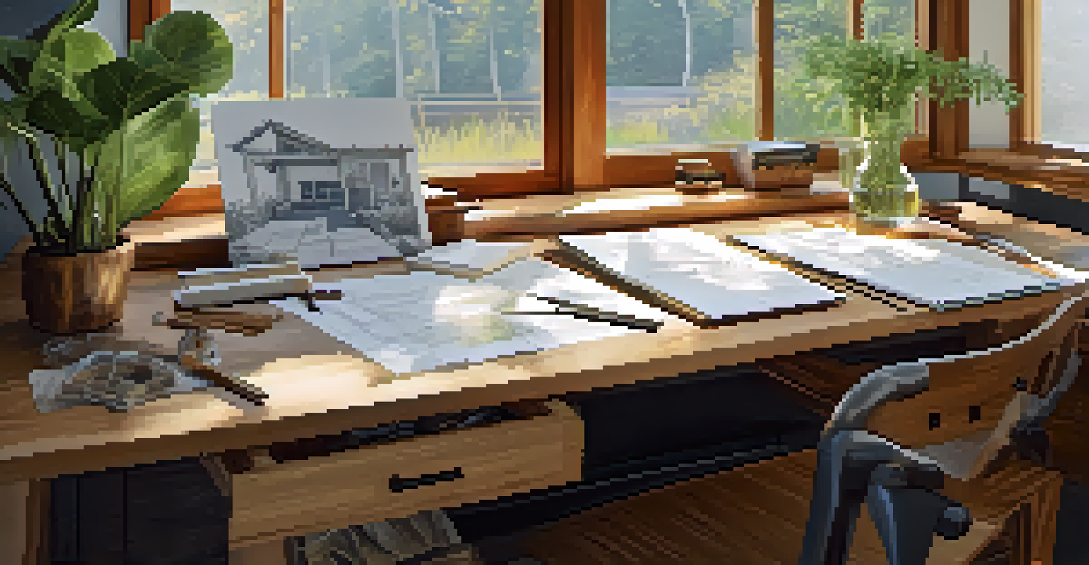 An architect's desk with blueprints and sustainable materials, illuminated by natural light.