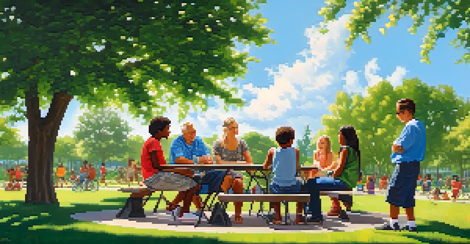 A group of diverse neighbors talking amicably in a park, with children playing and greenery surrounding them under a clear blue sky.