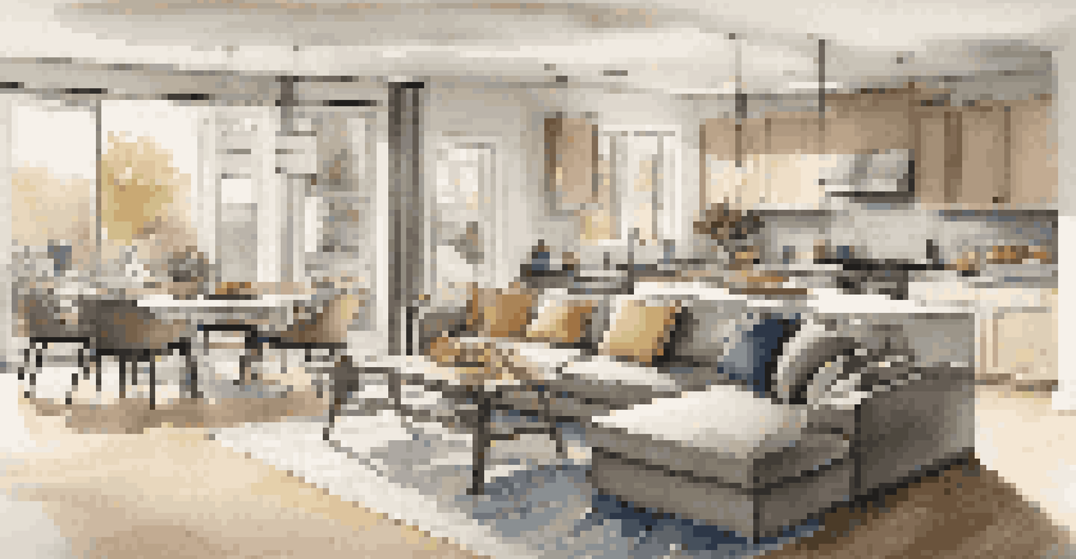 A modern open floor plan kitchen and living area featuring multi-functional furniture, with a stylish sofa bed and a convertible coffee table.