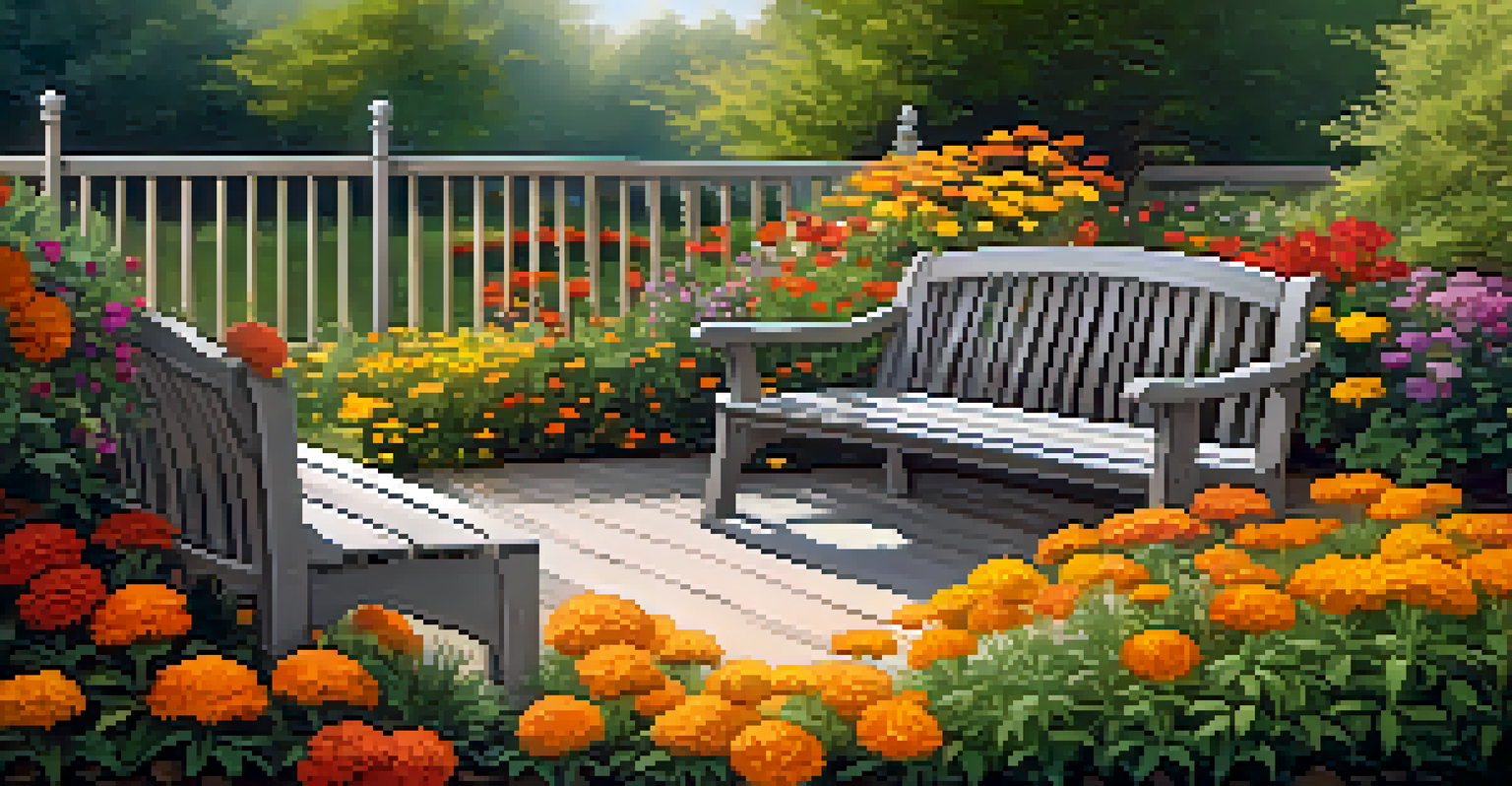 A cozy outdoor seating area surrounded by warm-toned flowers, with a pathway lined by colorful plants.