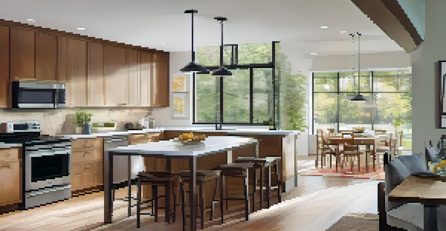 A modern kitchen with energy-efficient appliances and a homeowner documenting renovations in soft natural light.