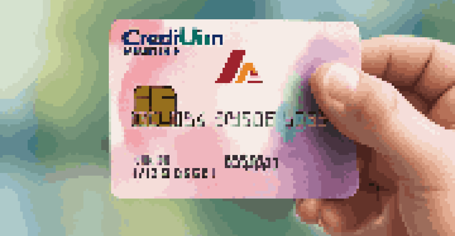 A close-up of a credit union membership card being held in a person's hand in front of a blurred credit union branch.