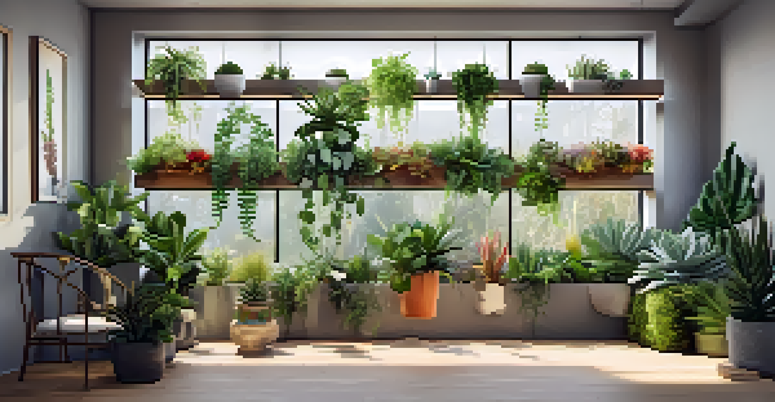 A vibrant vertical garden with colorful plants in wall-mounted planters and hanging pots, illuminated by soft natural light.