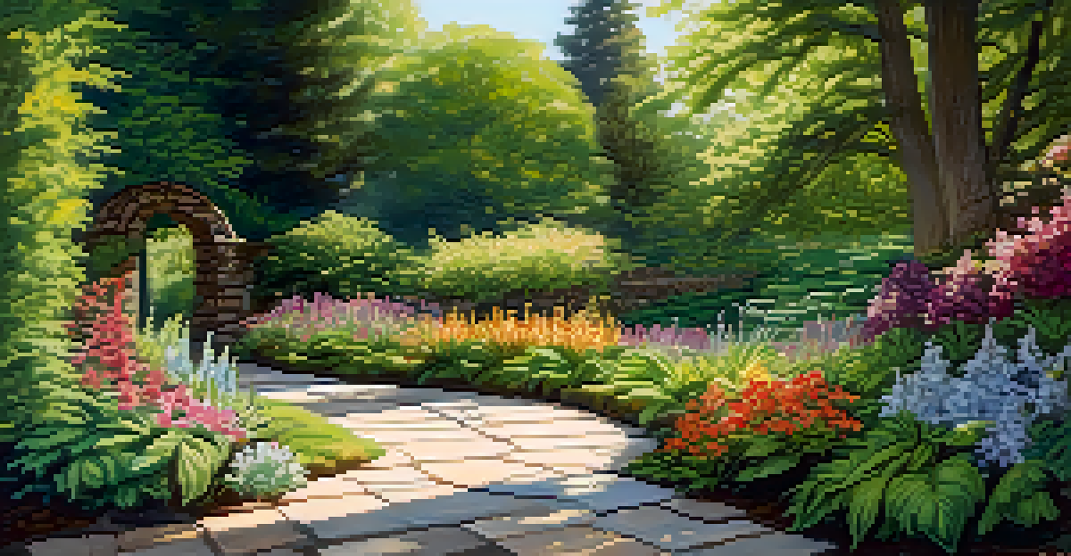 A garden path lined with blooming flowers and trees providing shade, with sunlight illuminating the colorful plants.