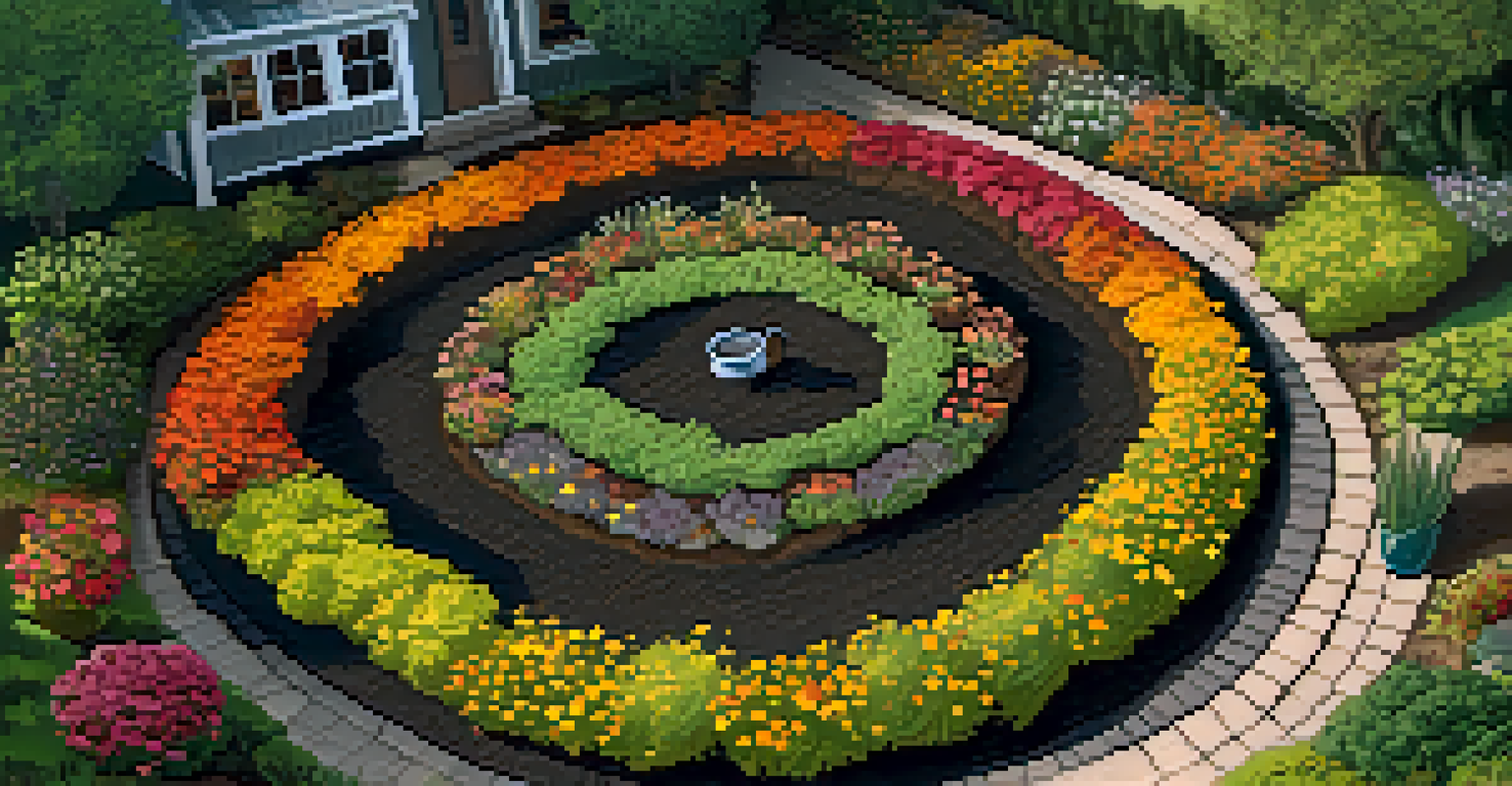 Aerial view of a vegetable garden with organic and inorganic mulches, bordered by marigold flowers.