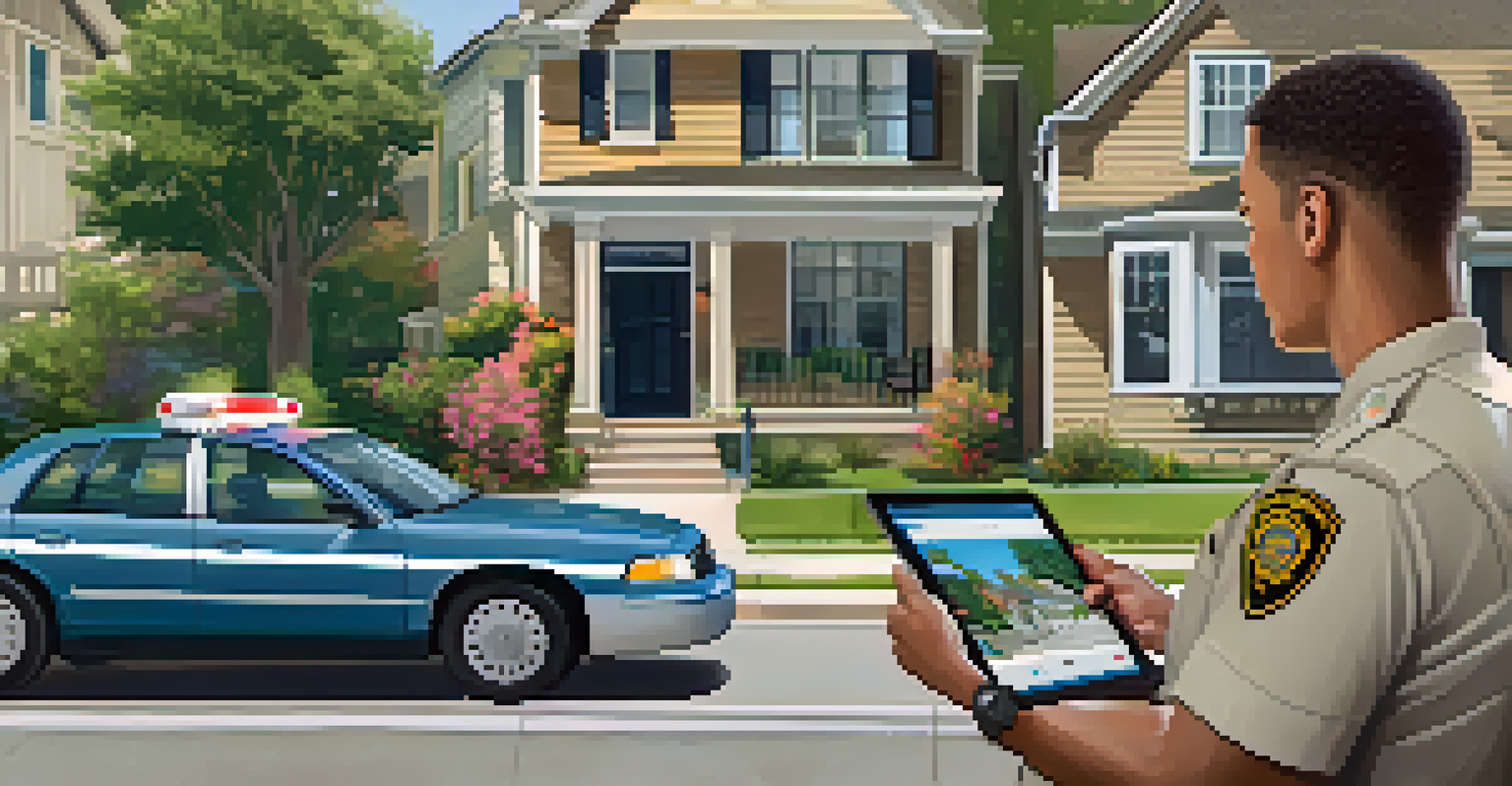 A police officer demonstrates a crime mapping app to residents on a suburban street, highlighting community engagement.